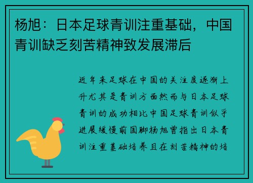 杨旭:日本足球青训注重基础,中国青训缺乏刻苦精神致发展滞后