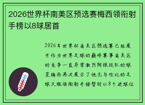 2026世界杯南美区预选赛梅西领衔射手榜以8球居首